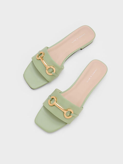 Metallic Bar Slide Sandals, Sage Green, hi-res