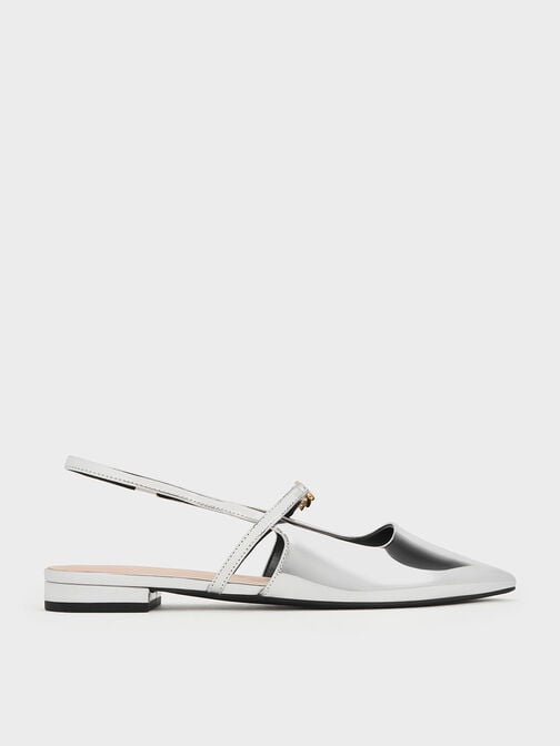Metallic-Accent Pointed-Toe Slingback Flats, Silver, hi-res