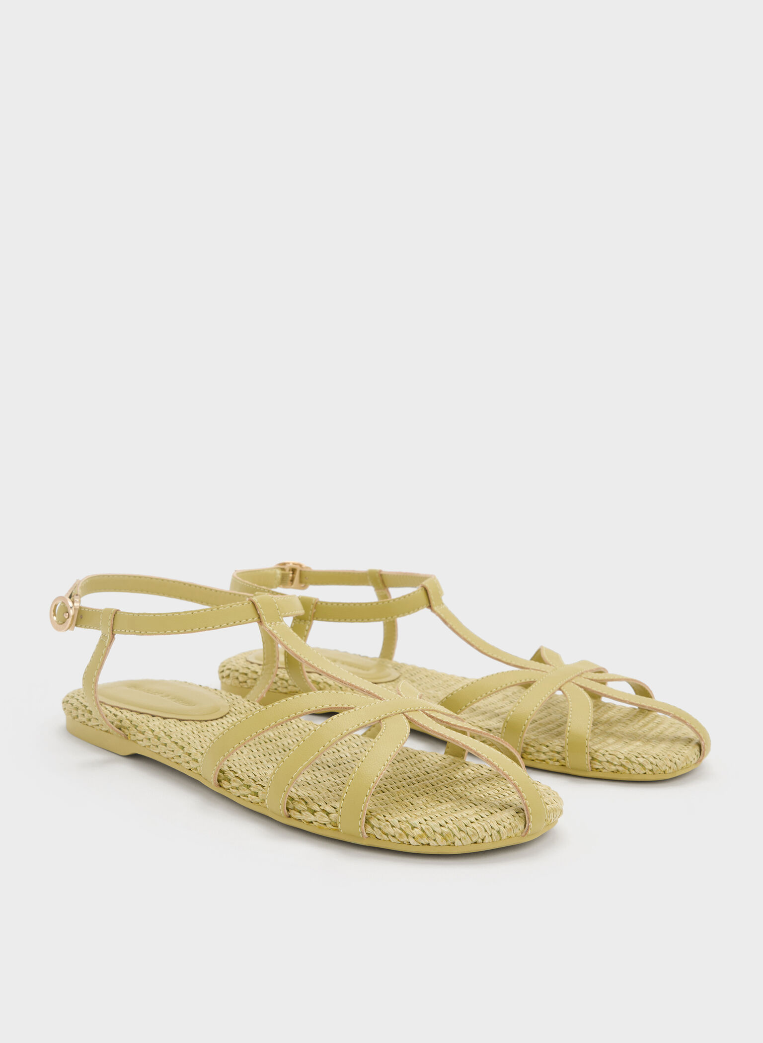 Strappy Raffia T-Bar Ankle-Strap Sandals, Olive, hi-res