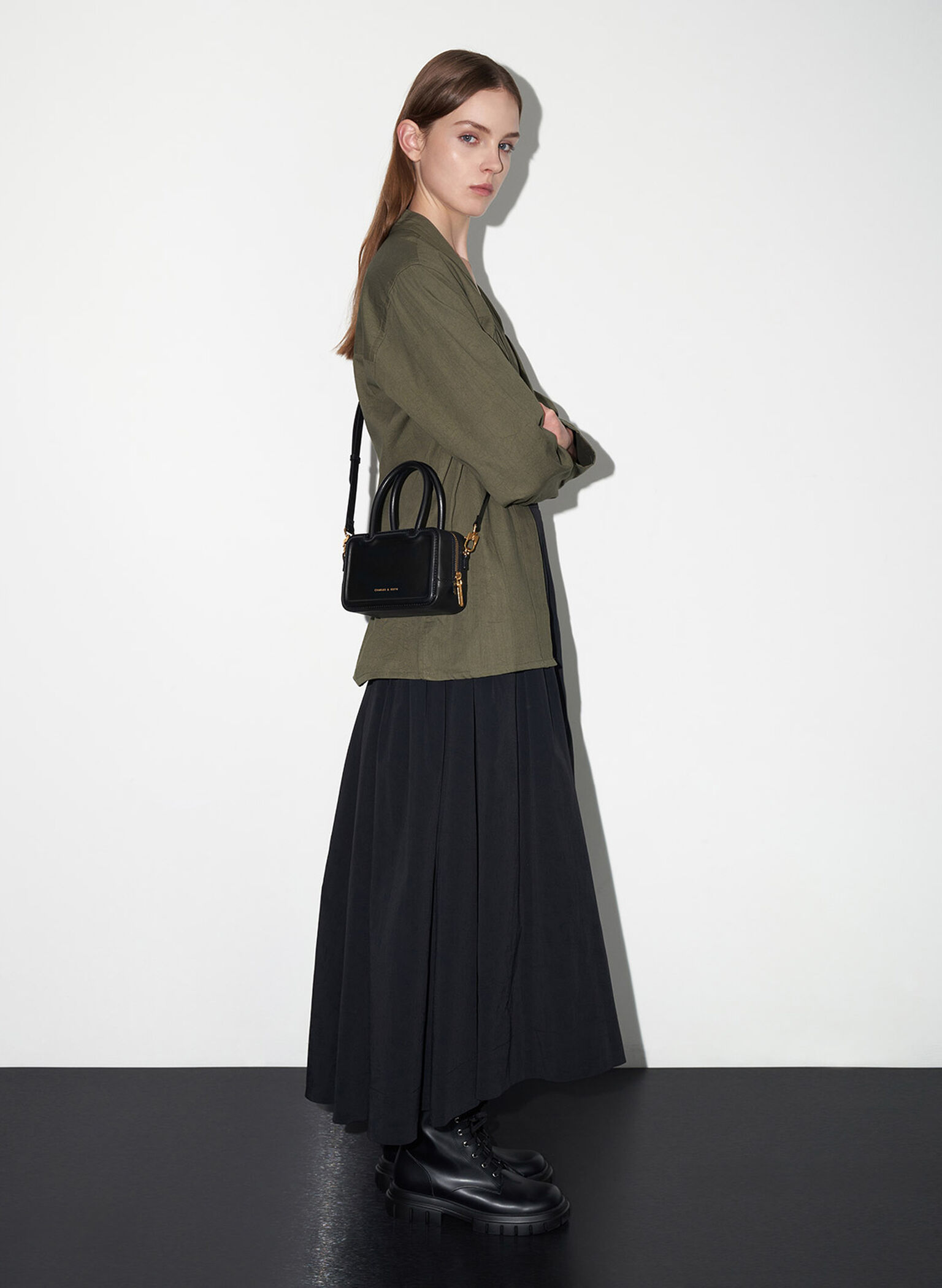 Perline Elongated Top Handle Bag, Black, hi-res