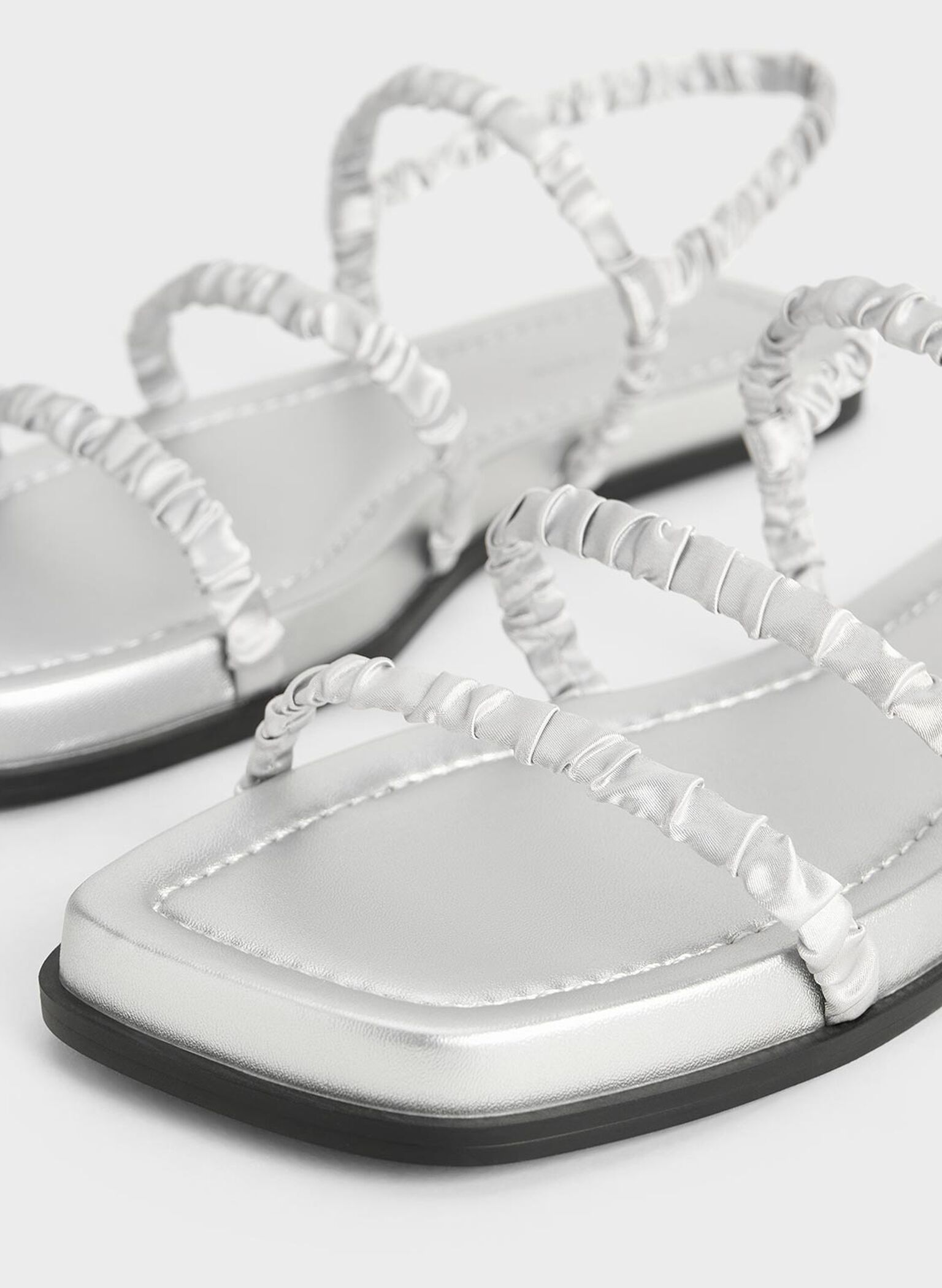 Recycled Polyester Ruched Strappy Sandals, Silver, hi-res
