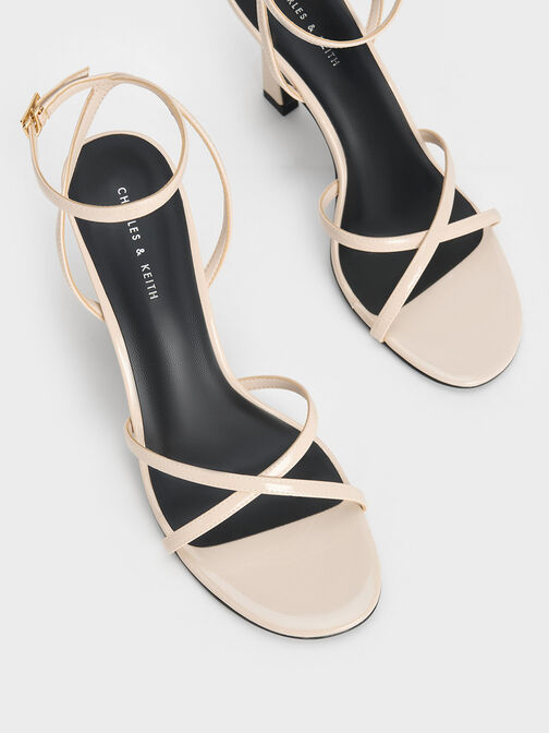 Patent Crossover-Strap Heeled Sandals, Cream, hi-res