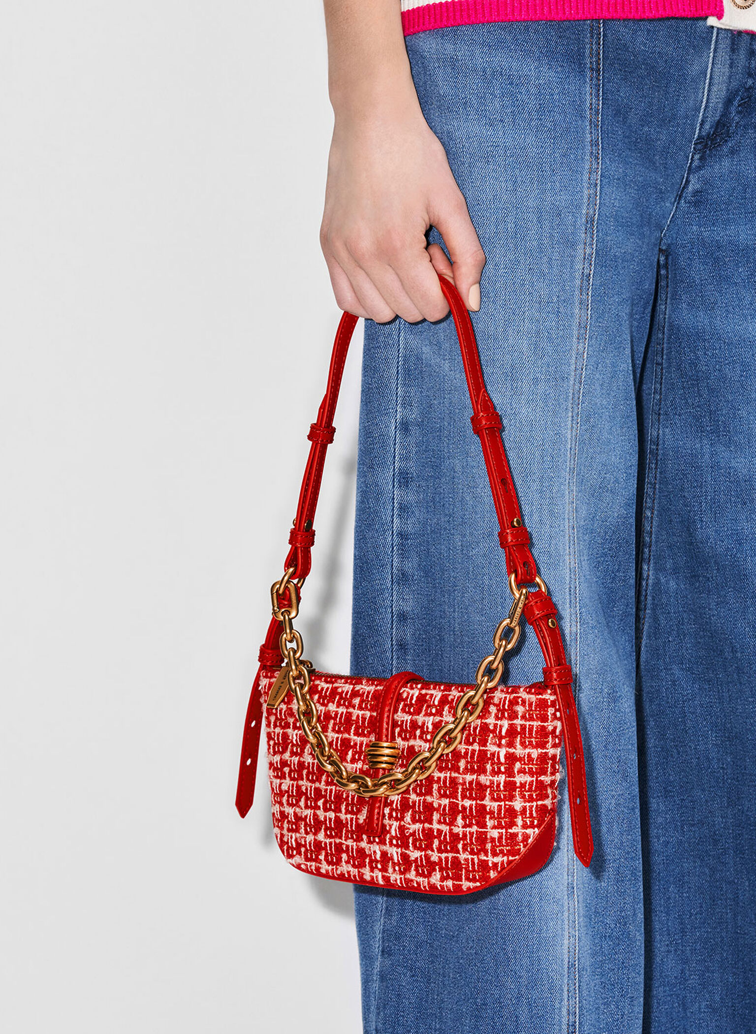 Trudy Tweed Belted Geometric Bag, Red, hi-res