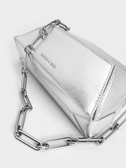 Nasrin Metallic Geometric Chain-Handle Shoulder Bag, Silver, hi-res