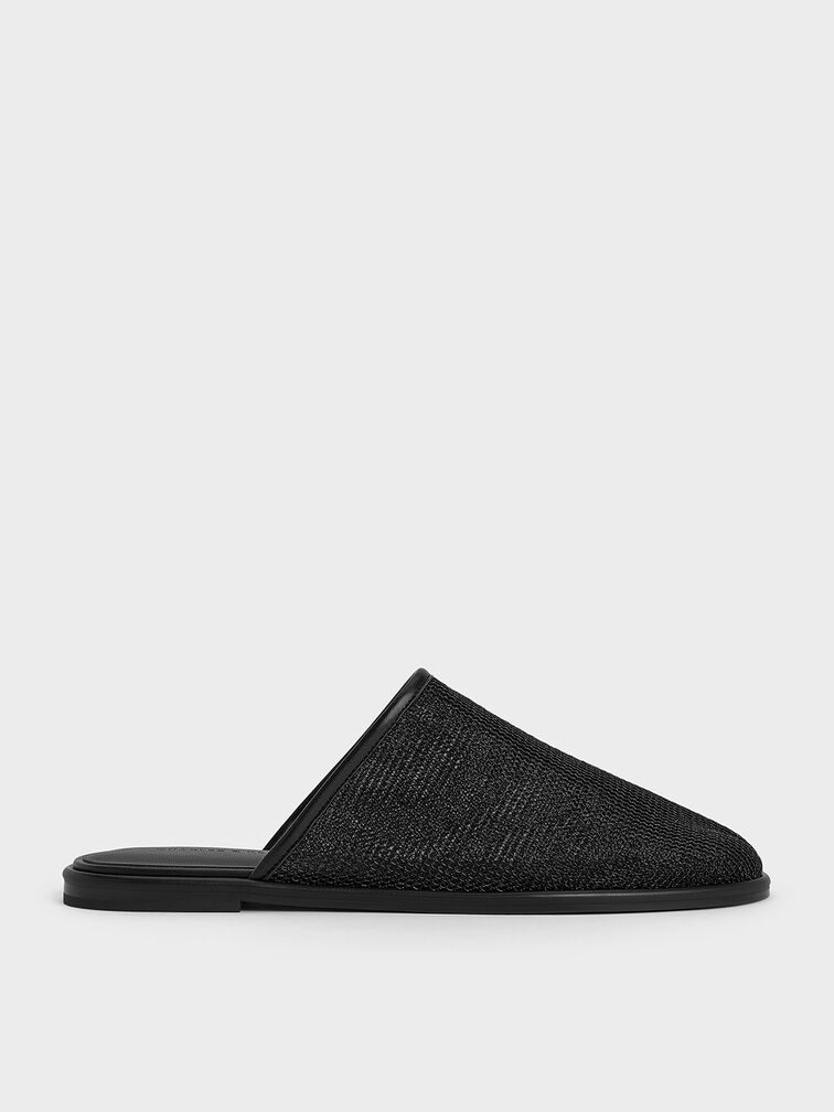 Mules de malla con empeine alto y suela plana, Negro texturizado, hi-res