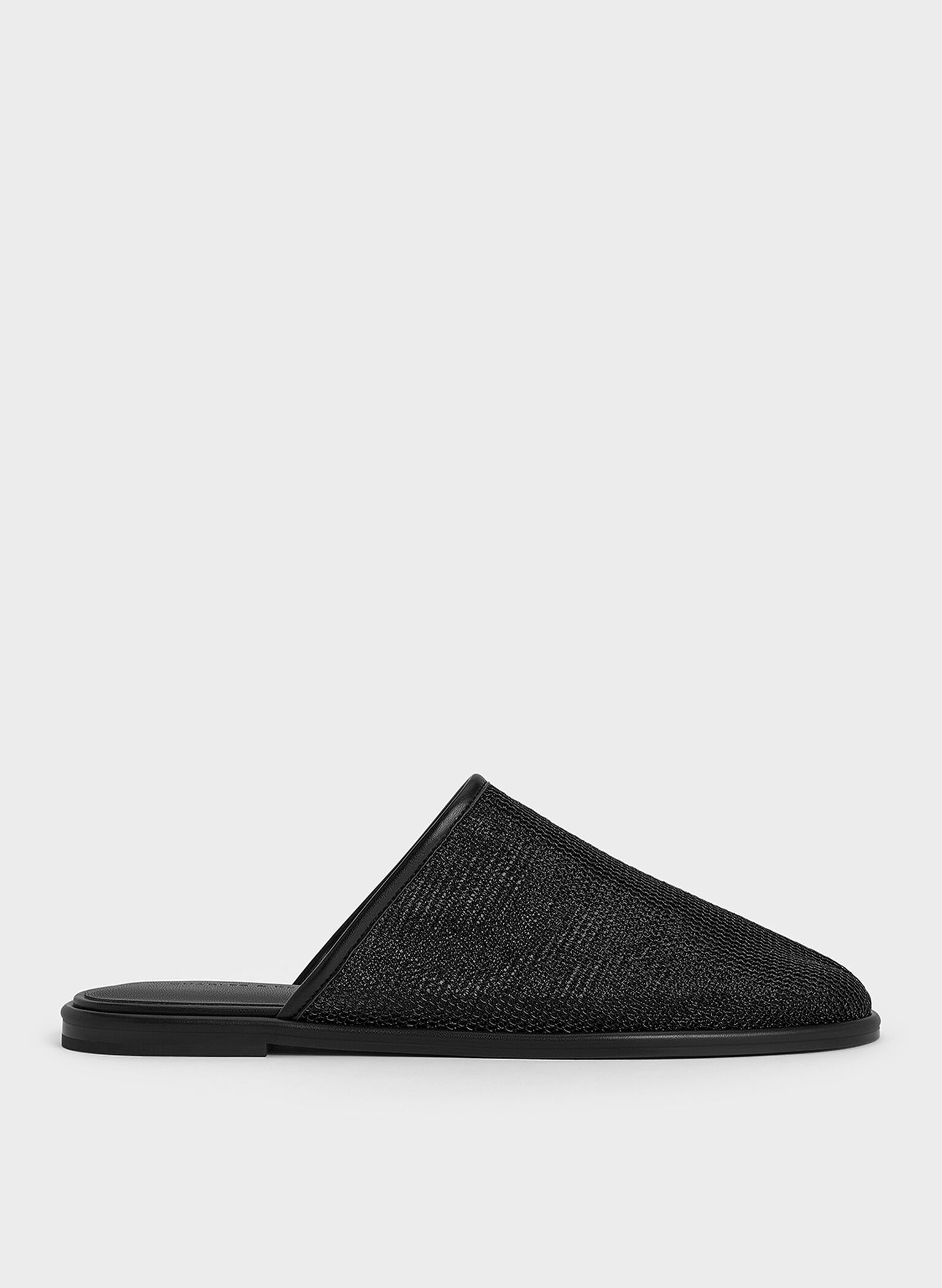 Mesh High-Vamp Flat Mules, Black Textured, hi-res