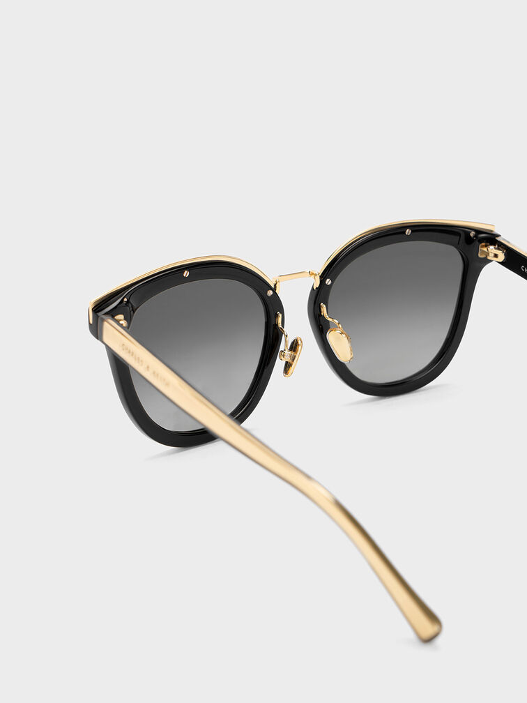 Recycled Acetate Metallic-Rim Cateye Sunglasses, Black, hi-res