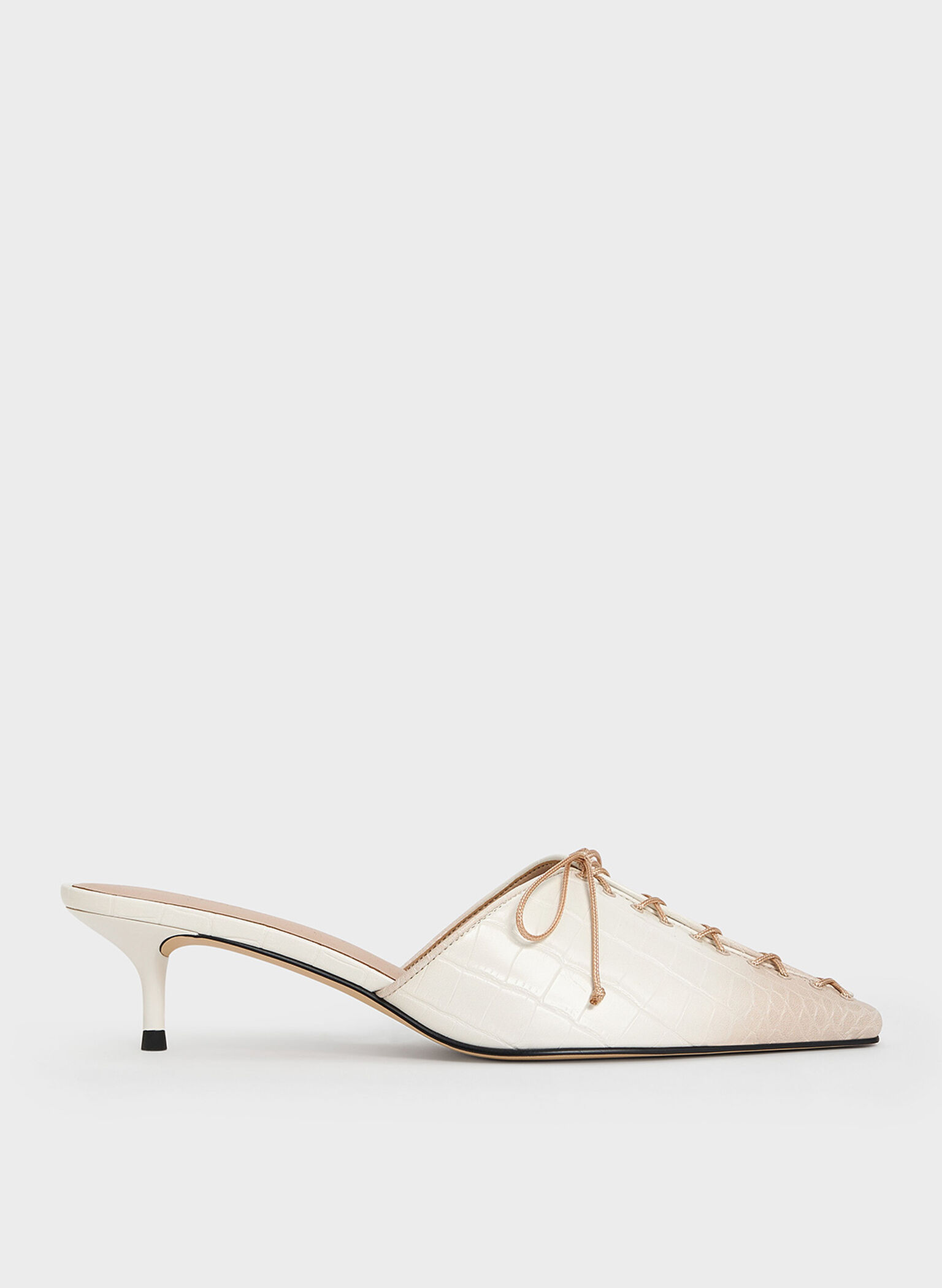 Croc-Effect Lace-Up Pointed-Toe Kitten-Heel Mules, Animal print natural, hi-res