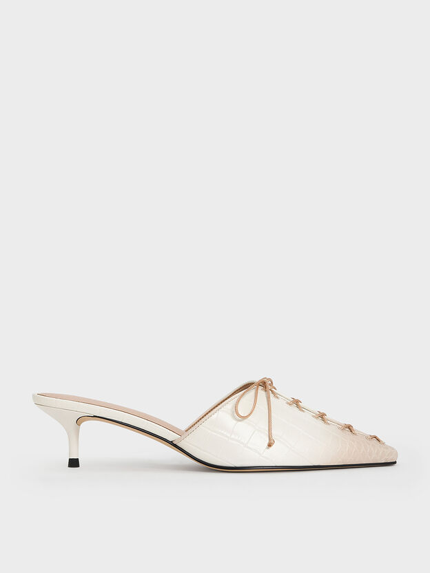 Croc-Effect Lace-Up Pointed-Toe Kitten-Heel Mules, Animal Print Natural, hi-res