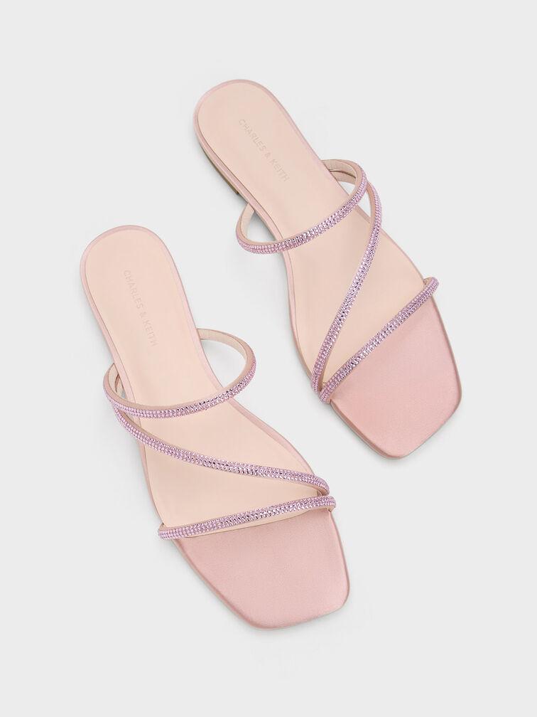 Satin Crystal-Embellished Strappy Sandals, Light Pink, hi-res