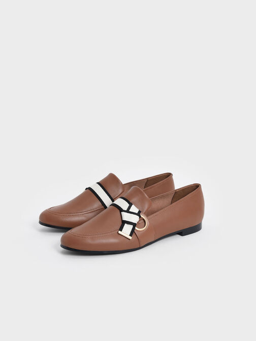 Fabric Knot Penny Loafers, Brown, hi-res