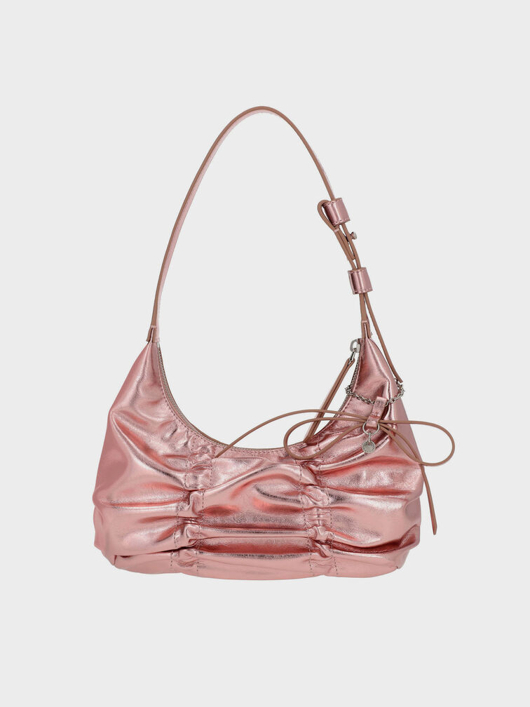 Kadee Metallic Ruched Bow-Charm Hobo Bag, Aura Pink, hi-res