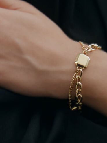 Pulsera de doble cadena de eslabones Keziah, Dorado, hi-res