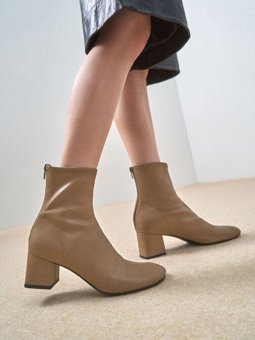 Stitch-Trim Block Heel Ankle Boots, Brown, hi-res