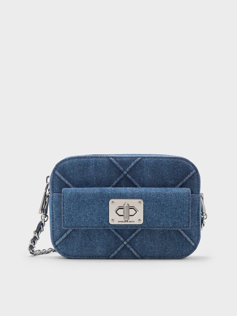 Bolso cruzado acolchado Eleni de denim con cremallera, Azul mezclilla, hi-res