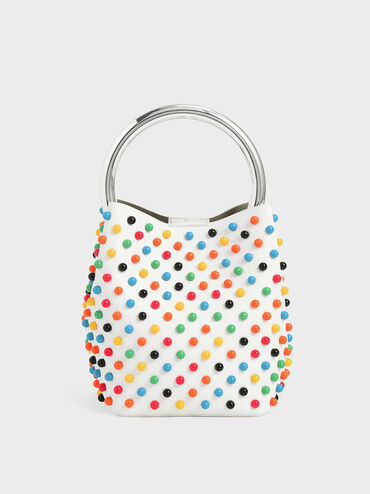 Embellished Bucket Bag, White, hi-res