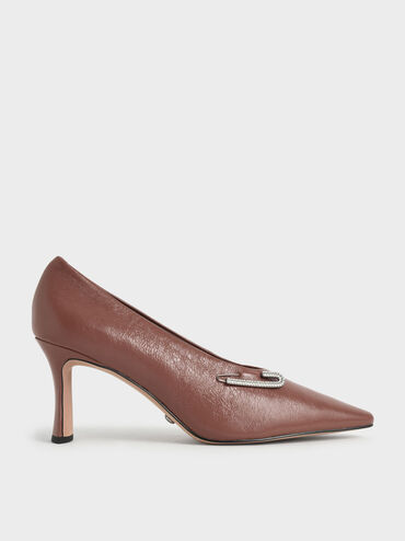 Gem-Embellished Leather Pumps, Tan, hi-res