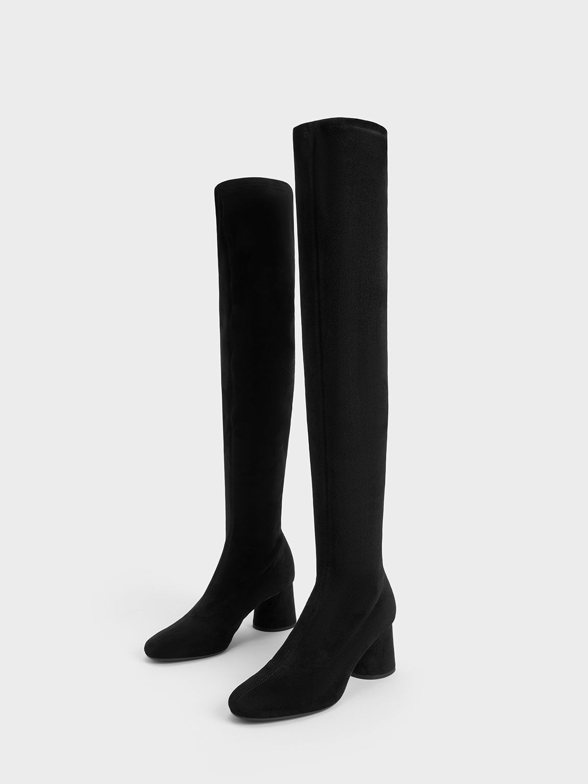 Textured Cylindrical Heel Thigh-High Boots, Black Textured, hi-res