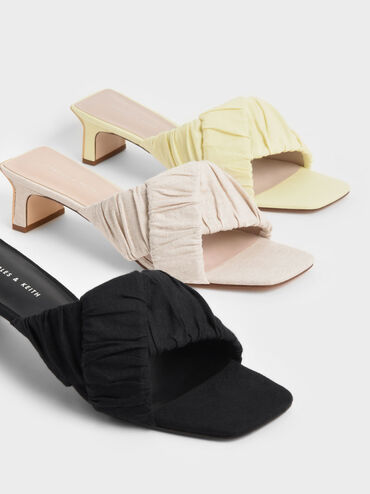Linen Asymmetric Ruched Mules, Black, hi-res
