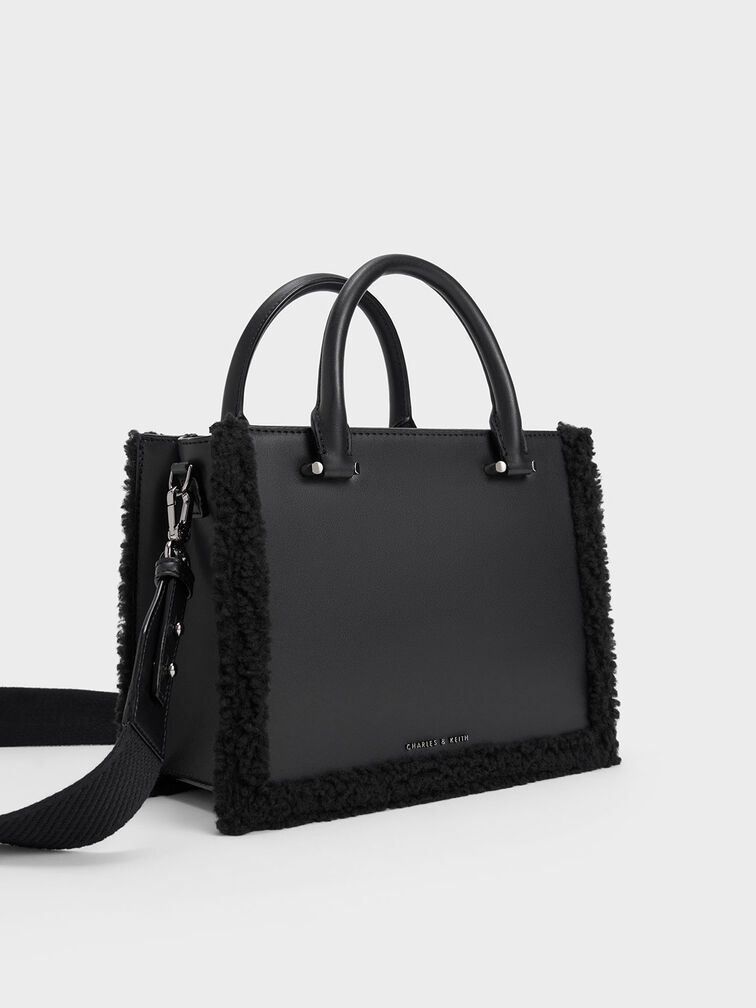 Lotso Fur-Trim Tote Bag, Black, hi-res