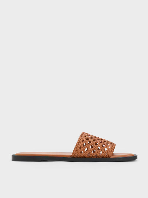 Woven Square-Toe Slides, Cognac, hi-res