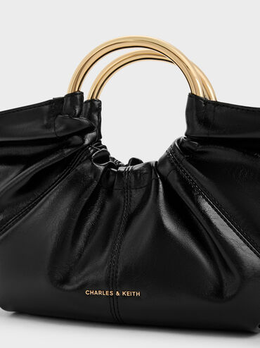 Bolsa tote com al&ccedil;a de metal Ciara franzida, Preto, hi-res