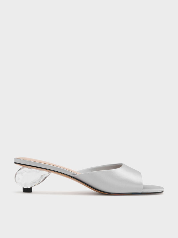 Satin Crystal-Heel Mules, Silver, hi-res