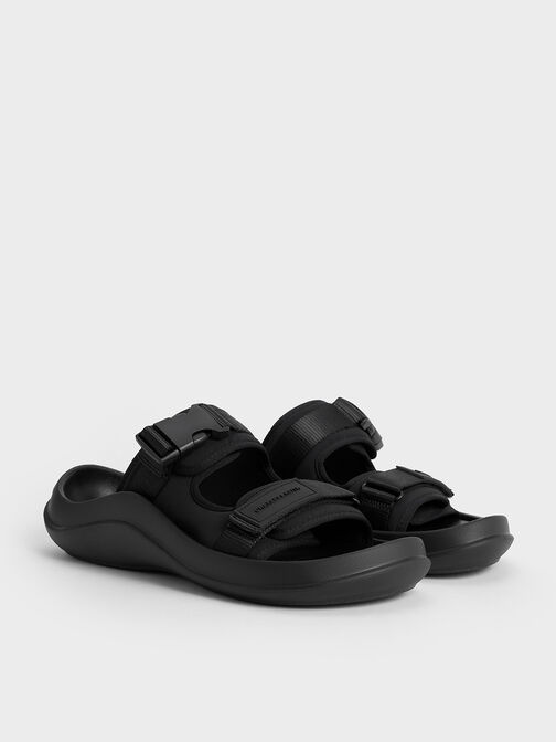 Nylon Double-Strap Sports Sandals, Black Textured, hi-res