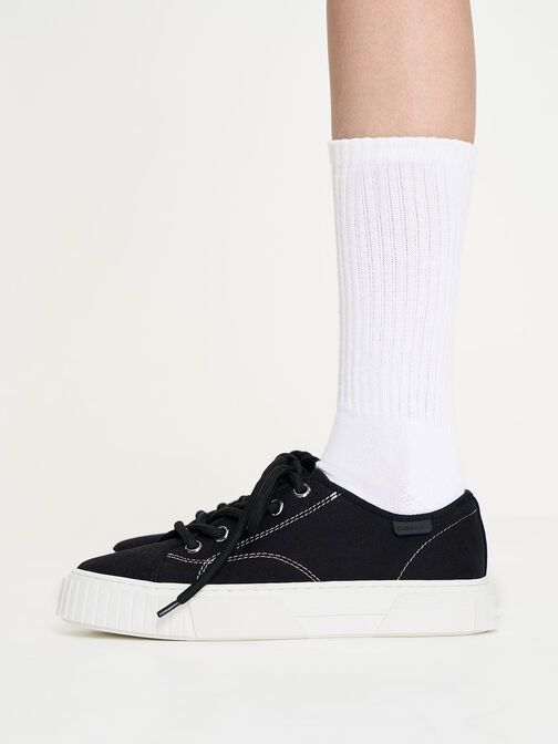 Recycled Cotton Panelled Low-Top Sneakers, Black, hi-res