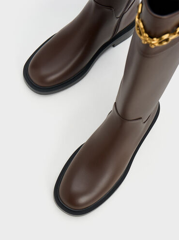 Bryn Metallic Chain Accent Knee-High Boots, Dark Brown, hi-res