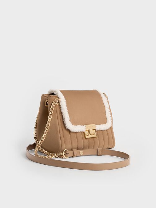 Donna Faux Suede Fur-Trim Shoulder Bag, Tan, hi-res