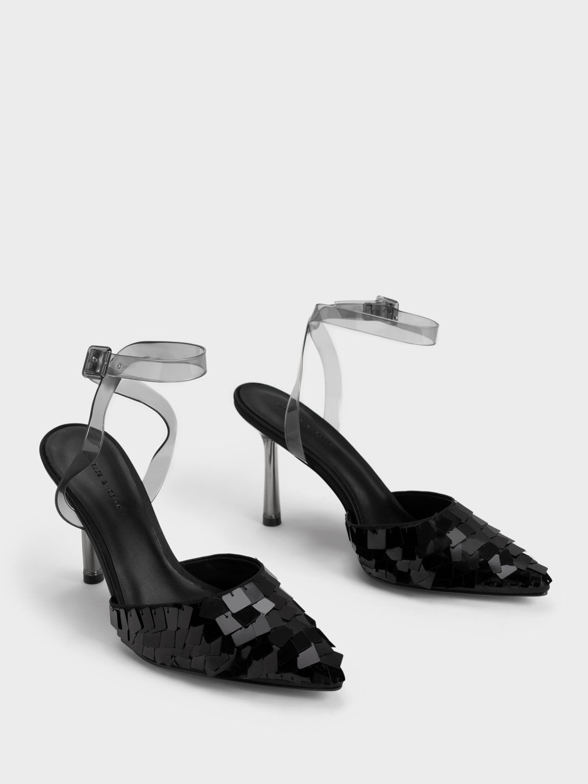 Sequinned Satin Ankle-Strap Pumps, Black, hi-res