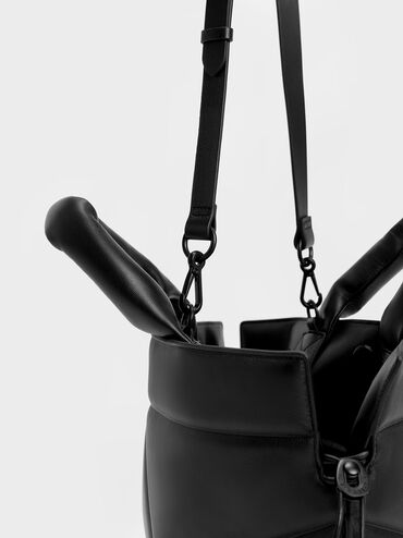 Nina Leather Drawstring Slouchy Tote Bag, Black, hi-res