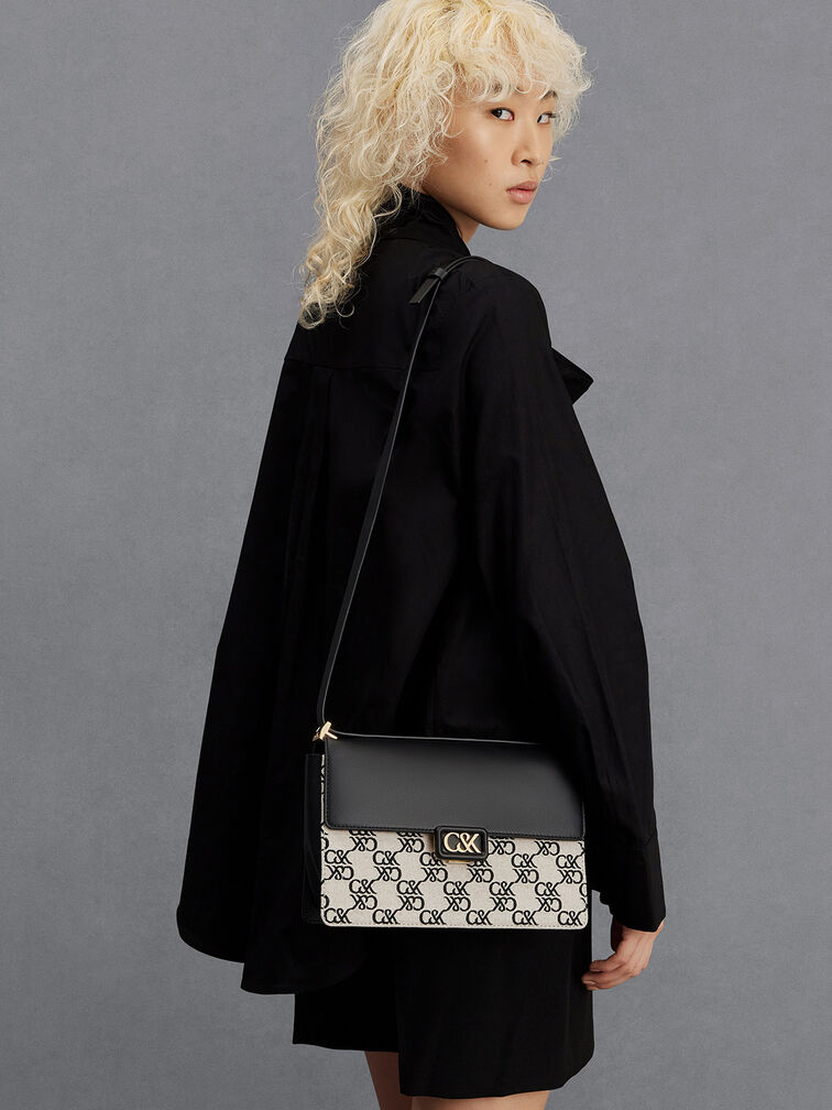Black Leather & Canvas Monogram Shoulder Bag - CHARLES & KEITH PH