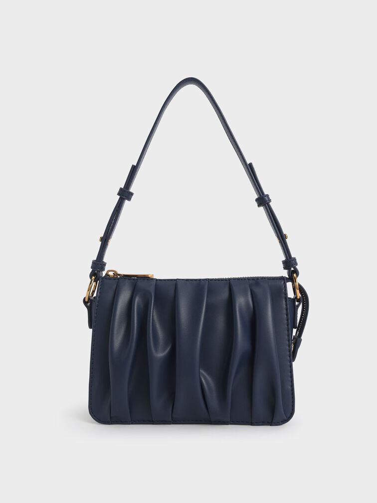 Beaded Strap Ruched Shoulder Bag, Navy, hi-res