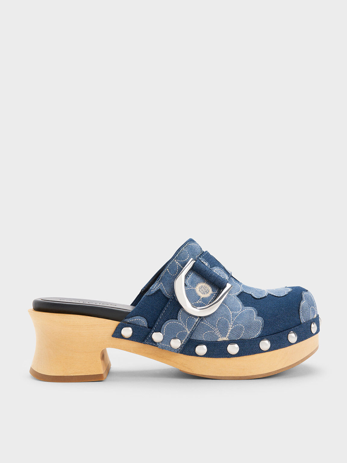 Gabine 刺繡鉚釘木屐鞋, 藍色, hi-res
