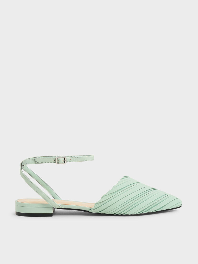 Pleated Ankle Strap Flat Court Shoes, Mint Green, hi-res