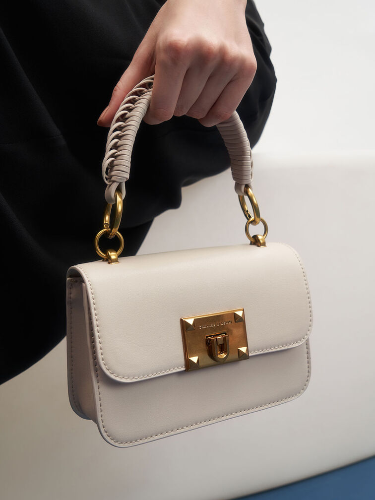 Canvas Metallic Turn-Lock Bag, Ivory, hi-res