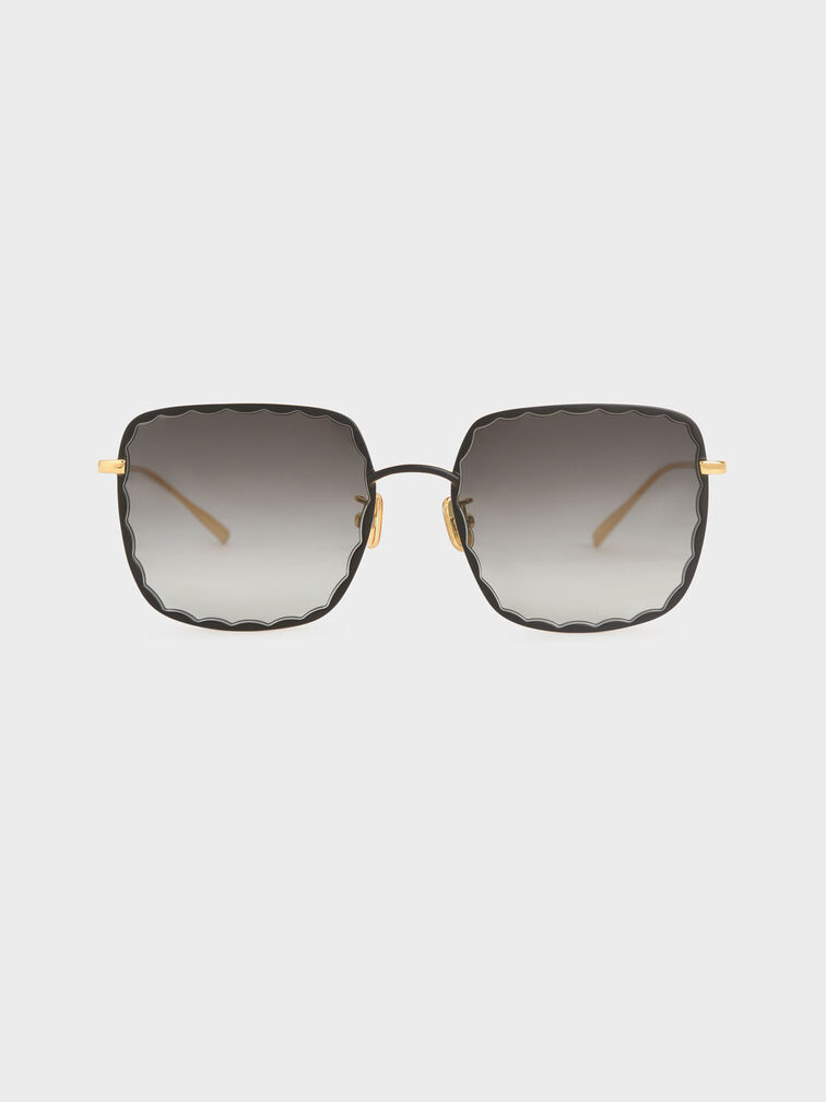 Scallop Trim Butterfly Sunglasses, Black, hi-res