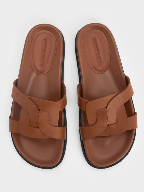 Interwoven Cut-Out Slide Sandals, Brown, hi-res