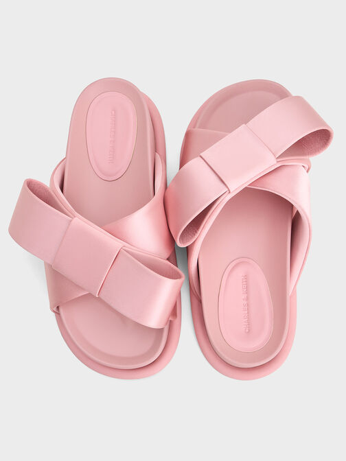 Satin Bow Flatform Sandals, Pink, hi-res