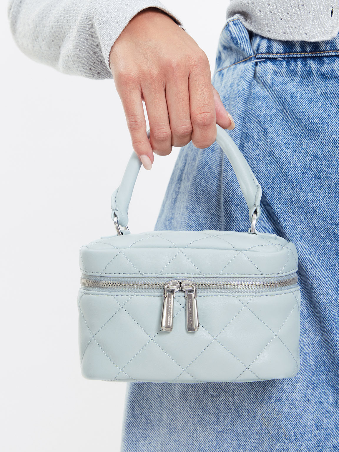 Quilted Two-Way Zip Mini Bag, Steel Blue, hi-res