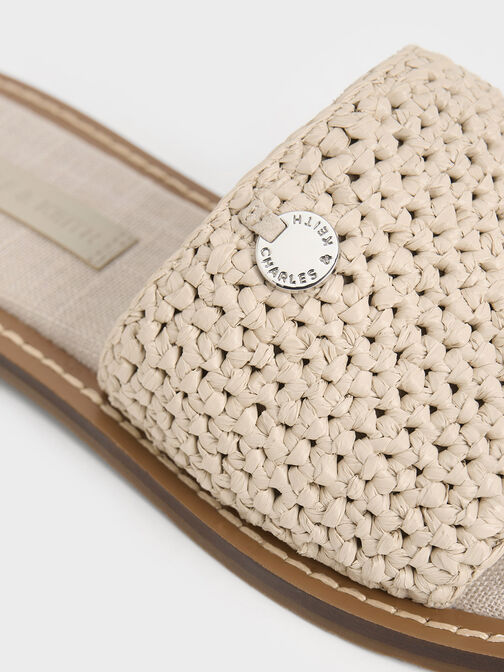 Raffia Woven Slide Sandals, Beige, hi-res