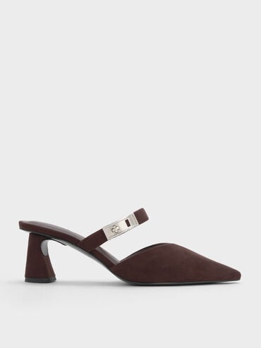 Lando Faux Suede Pointed-Toe Metallic-Buckle Heeled Mules, Dark Brown Textured, hi-res