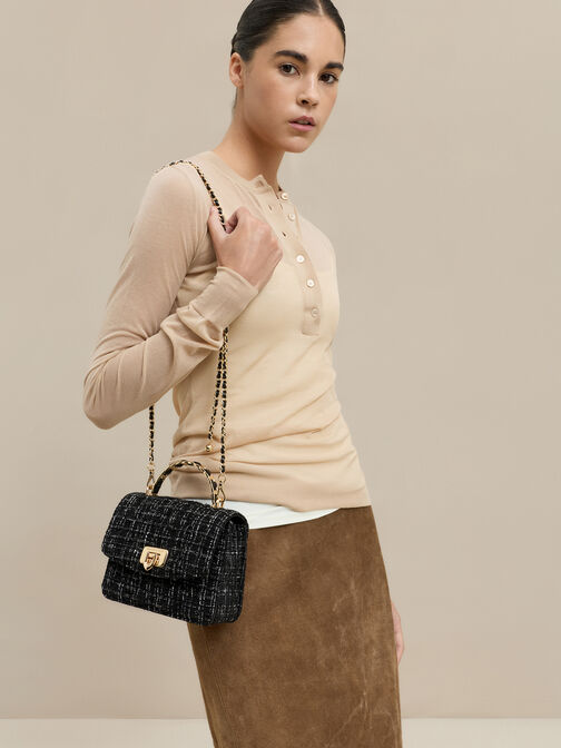 Cressida Tweed Quilted Top Handle Bag, Black Tweed, hi-res