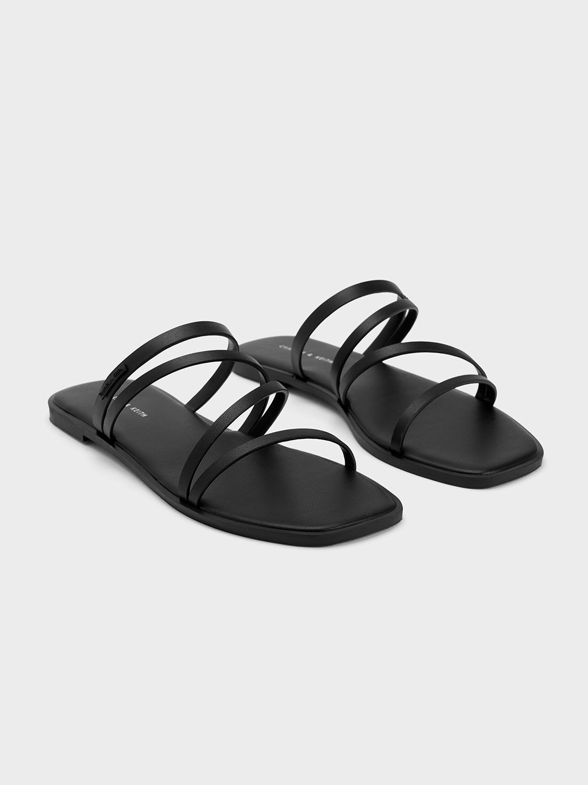 Strappy Slide Sandals, Black, hi-res