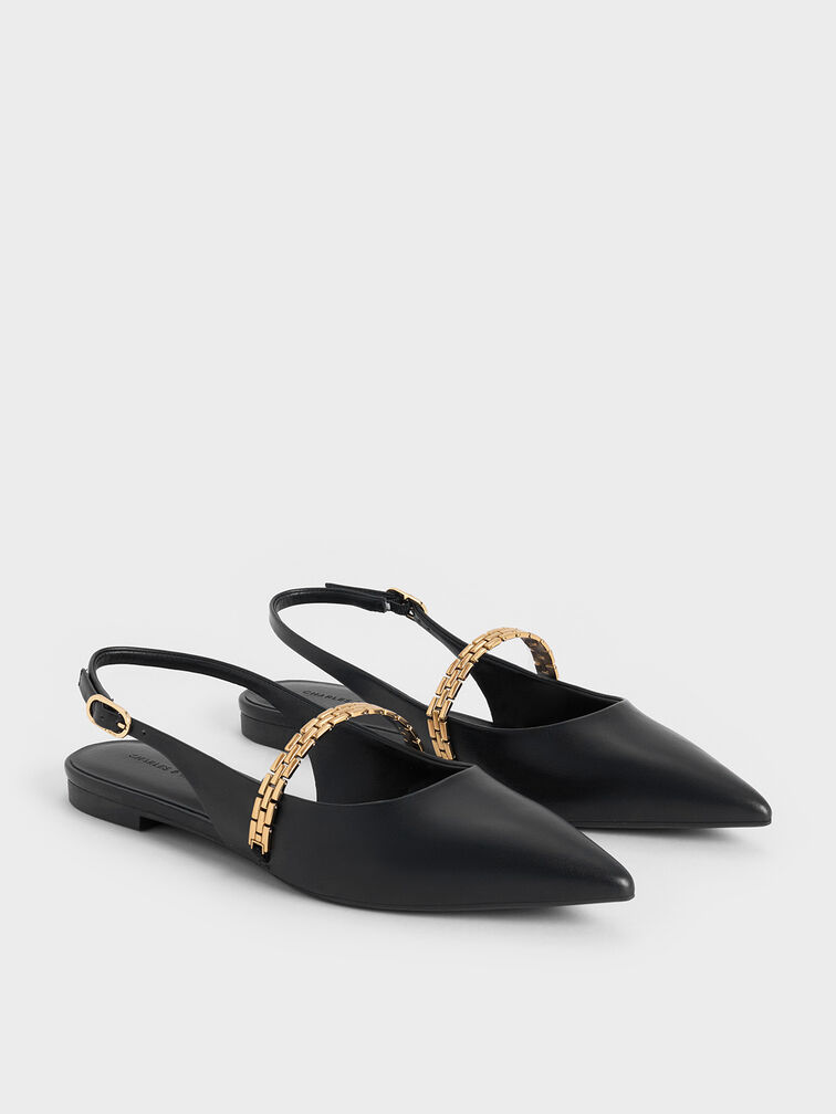 Chain-Strap Pointed-Toe Slingback Flats, Black, hi-res