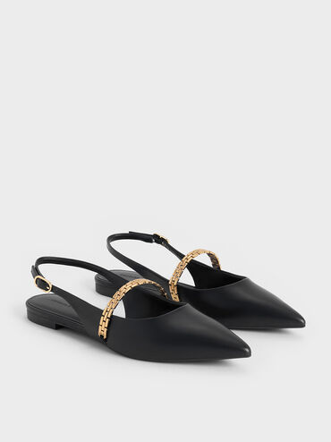 Chain-Strap Pointed-Toe Slingback Flats, Black, hi-res