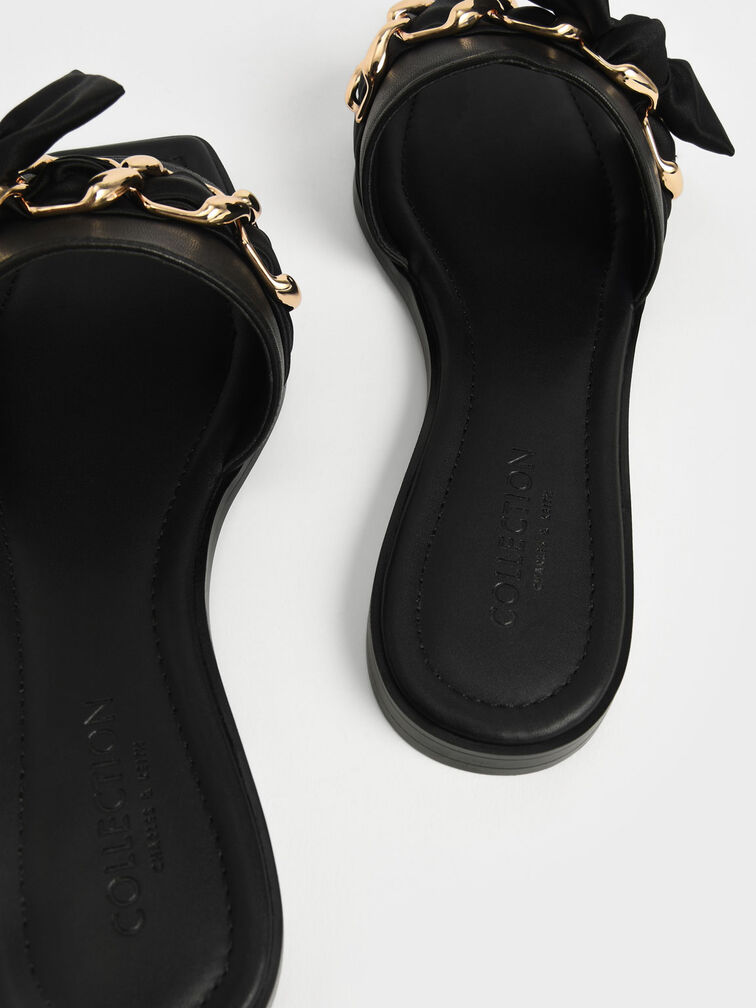 Satin Scarf Leather Slide Sandals, Black, hi-res