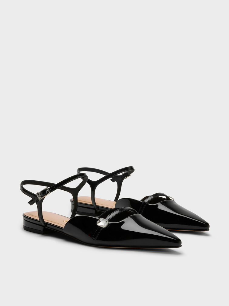 Patent Leather Gem-Buckle Pointed-Toe Ankle-Strap Flats, Black Patent, hi-res